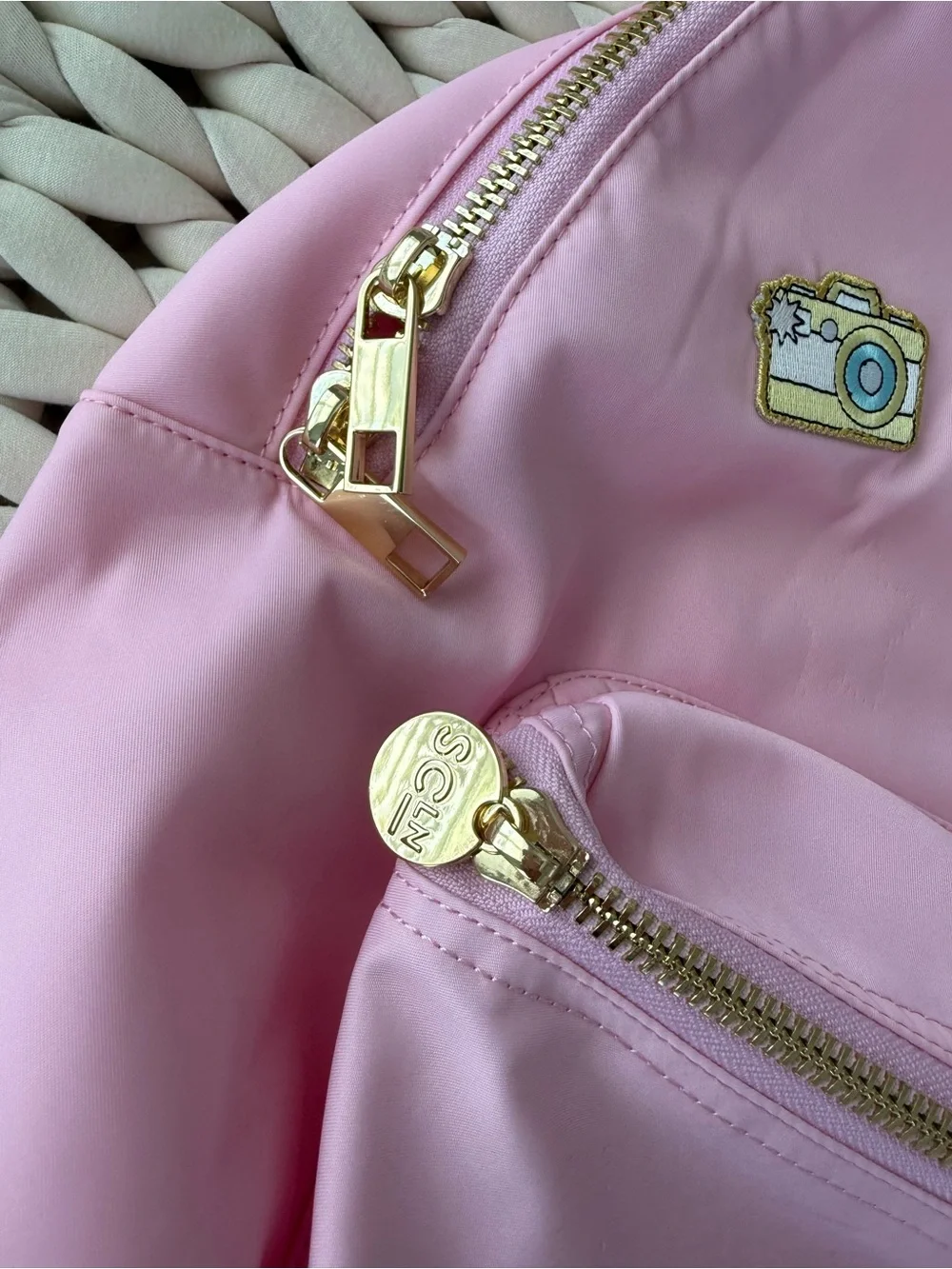 Stoney Clover Lane Pink Backpack with Camera, Coffee & Ice Cream Patches